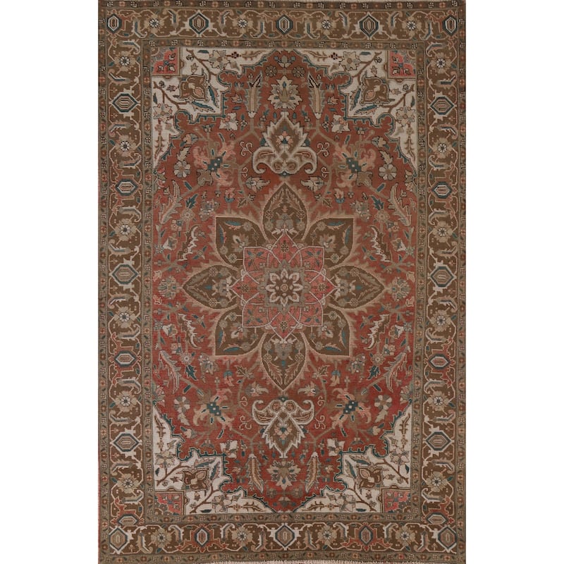 Hand Knotted Oriental 100% Wool Carpet Traditional Floral Red Heriz Area Rug - 9' 3'' X 6' 4''