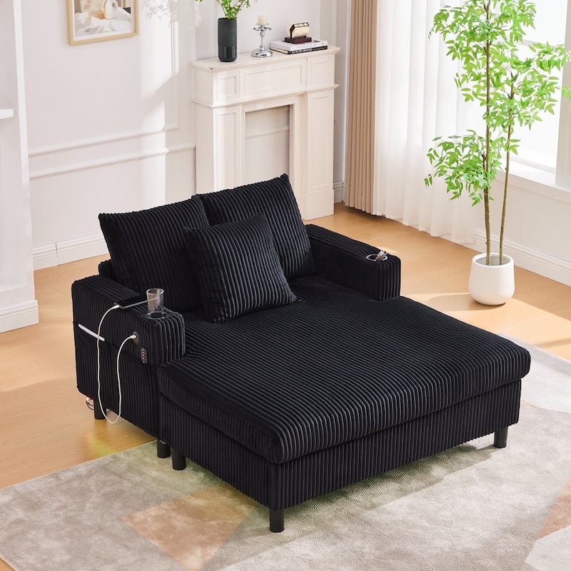 Modern Corduroy Oversized Recliner Sofa with Deep Seat, 3 Pillows, USB Charging, RGB LED Light Strip, Cup Holder, Side Pocket - Black