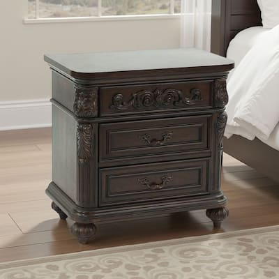30 Inches 3 Drawer Engraved Wooden Nightstand, Brown