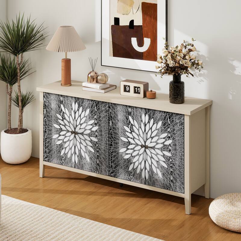 Sideboard Buffet Cabinet, Storage Cabinet with Storage,Modern Storage Cabinet with 4 Doors & Adjustable Shelves - Black,Natural