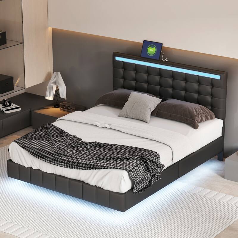 Black Queen Modern Upholstered Floating Platform Bed with LED Lights and USB Charging