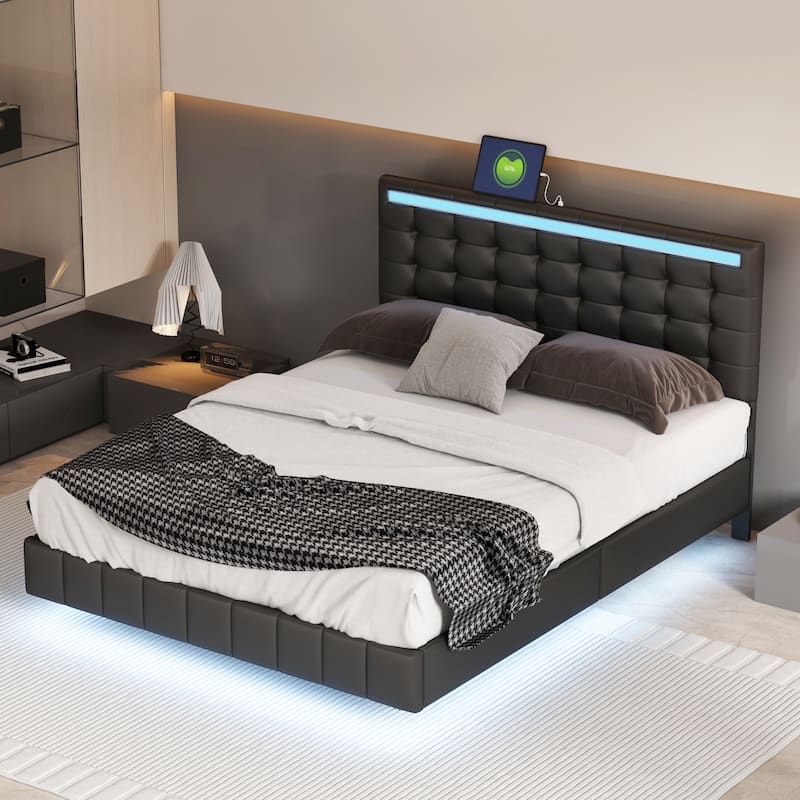 Black Upholstered Queen Size Floating Bed Frame with LED Lights and USB Charging, Modern MDF+Plywood Platform Bed