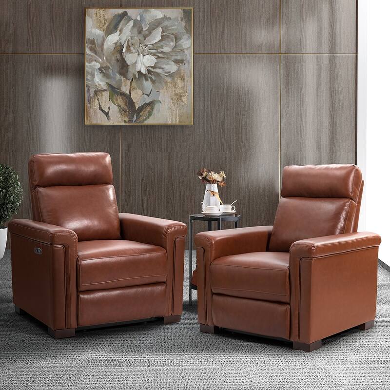 Alicia 34.65" Wide Contemporary Classic Genuine Leather Power Recliner With USB Port (Set of 2) - Brown