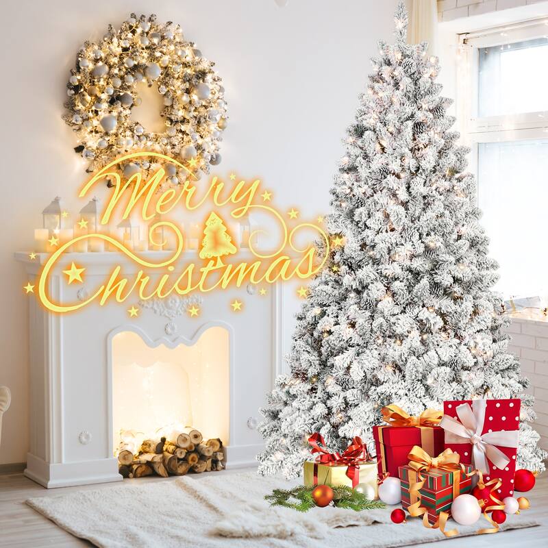 7.5FT Flocked Christmas Tree with 550 UL Lights and 49 Natural Pine Cones-Snowy PVC Tips, 1474 Tips, Hinged Structure