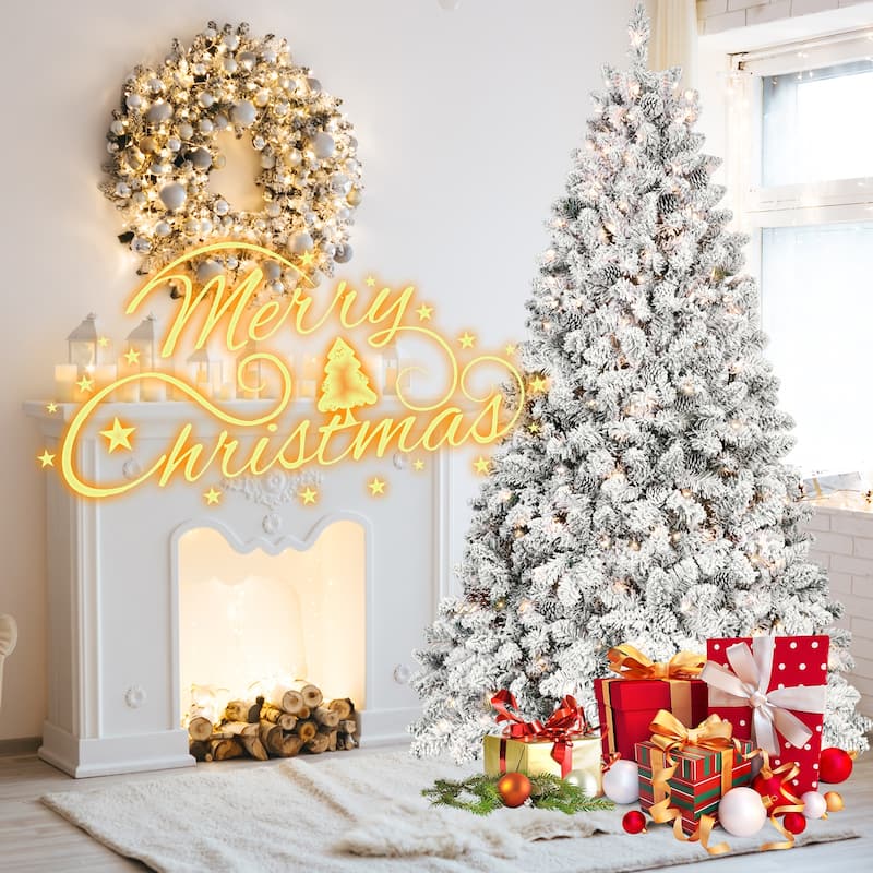 7FT Flocked Christmas Tree with 500 UL Lights and 45 Natural Pine Cones-Snowy PVC Tips,1124 Tips,Hinged Structure