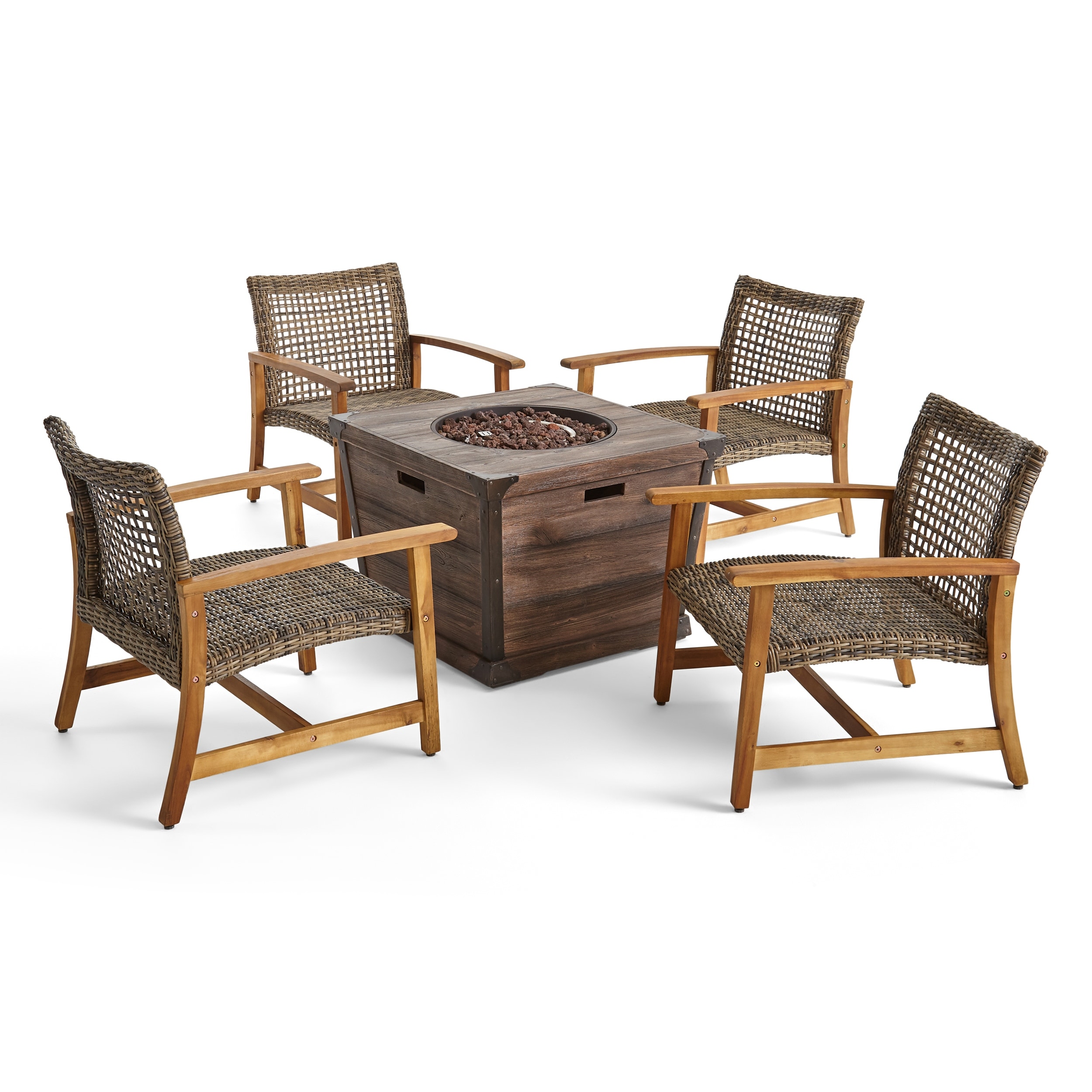 Hampton Outdoor Wood and Wicker Club Chair Set with Fire Pit - Picture 11 of 18