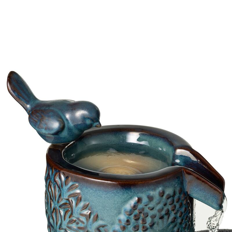 Glitzhome 27" H 4-Tier LED Ceramic Outdoor Floor Fountain with Birds, Cobalt Blue Turquoise Dandelion Texture Vase-Shaped