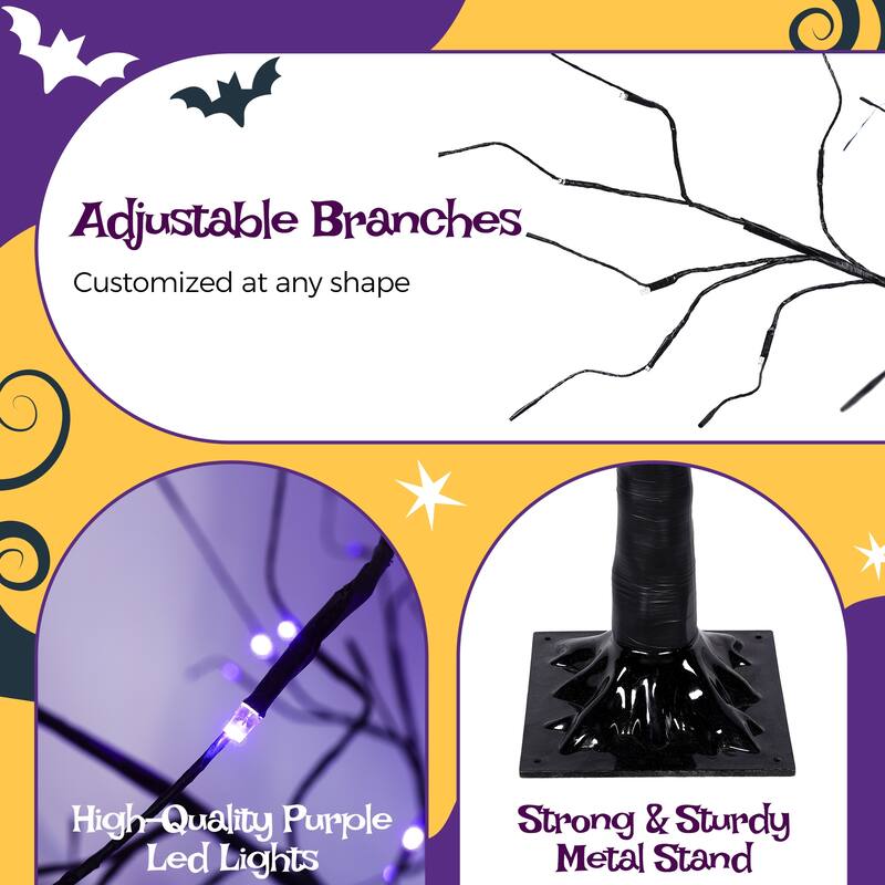3 Pac Halloween Spooky Tree with Purple Lights, 4FT 5FT and 6FT, Lighted Black Tree for Halloween Decoration