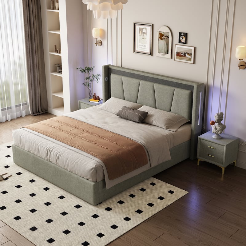 Modern Style Queen Size Cotton and Linen Fabric Storage Bed for Bedroom