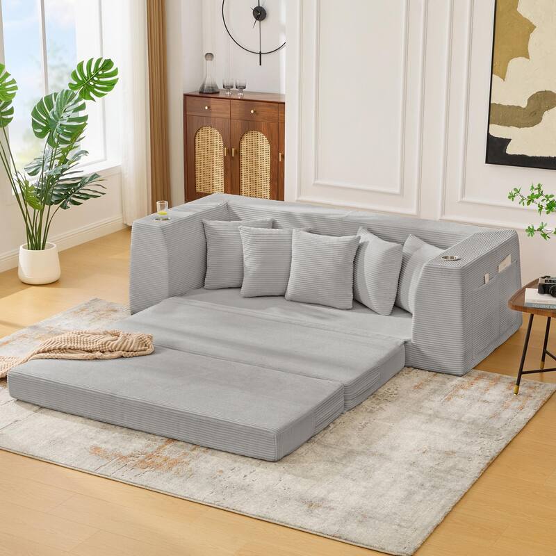 2 in 1 Convertible Sofa Bed, Sleeper Sofa with Storage Pockets, Pull Out Loveseat Couch with Two Cup Holders