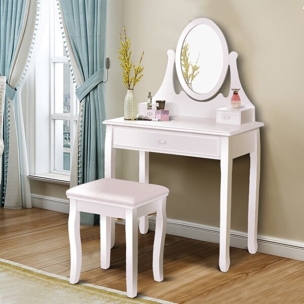 Shop Gymax Bedroom Wooden Mirrored Makeup Vanity Set Stool ...