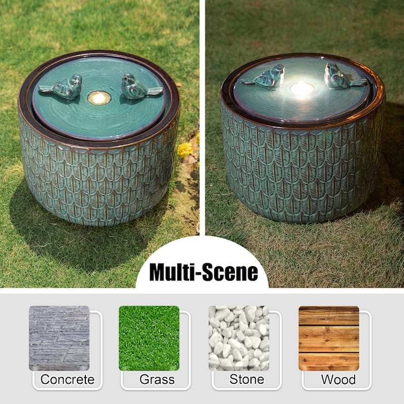 Glitzhome 15"H LED Ceramic Birdbath Outdoor Fountain with Two Birds & Leaf Pattern
