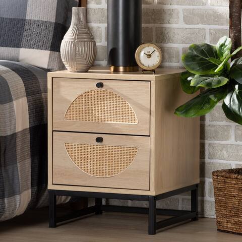 Baxton Studio Ardon Bohemian Light Brown Finished Wood and Black Metal 2-Drawer End Table with Natural Rattan