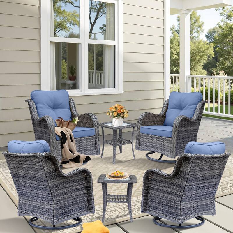 Gray Rattan Outdoor Patio Conversation Sets with Swivel Rocker Chairs - 6 Piece - Denim Blue
