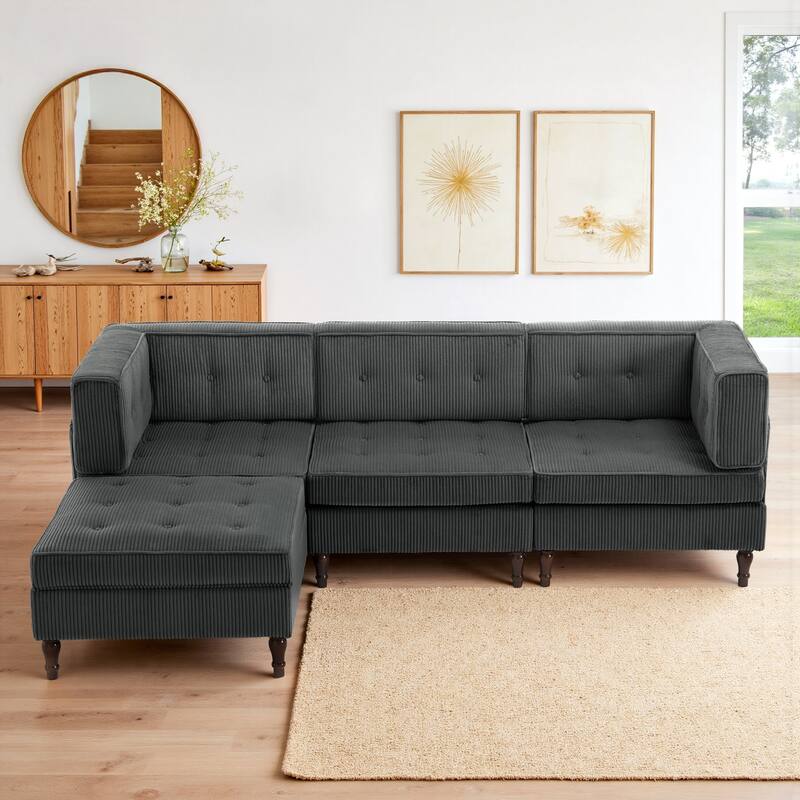 98" W Corduroy Modular Sectional Sofa with Storage Ottoman - Grey