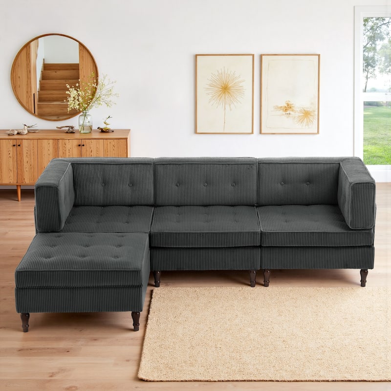 98" W Corduroy Modular Sectional Sofa with Storage Ottoman
