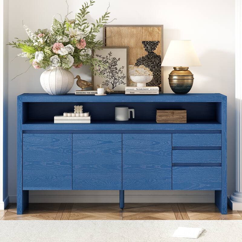 3-Door Sideboard with 3 Drawers - Modern Solid Ash Sideboard, Large Storage Cabinet for Living Room, Hallway, Dining - Blue