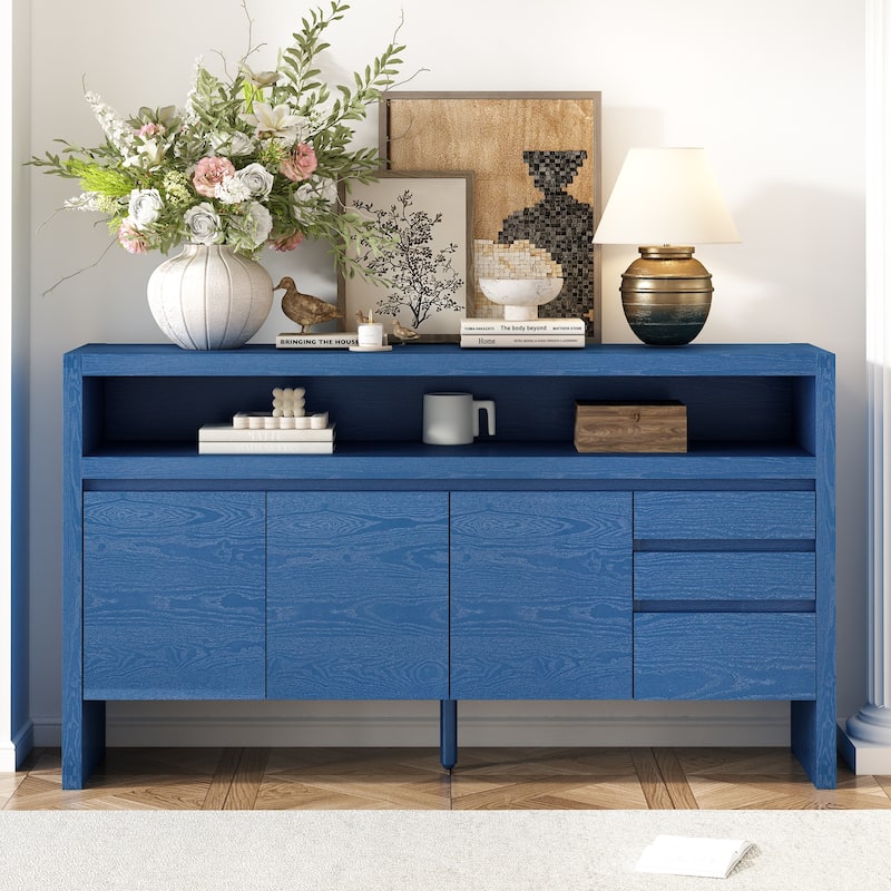 60" 3-Door Sideboard with 3 Drawers - Solid Ash Veneer MDF Sideboard, Semi-Open Shelf & Center Semi-Circular Cutout - Blue