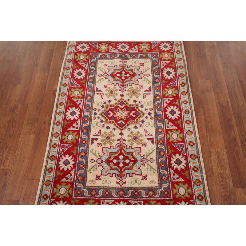 Geometric Kazak Oriental Accent Rug Hand-Knotted Wool Carpet - 2'8" x 4'3"