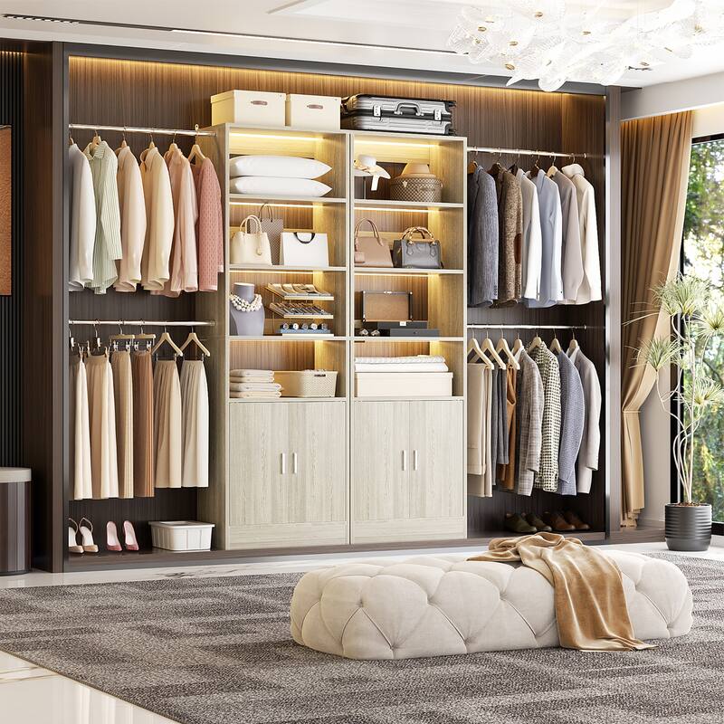 Rackcog 25'' - 104'' W Closet Organizer with Expandable Hanging Rods, Cabinet, Adjustable Shelves