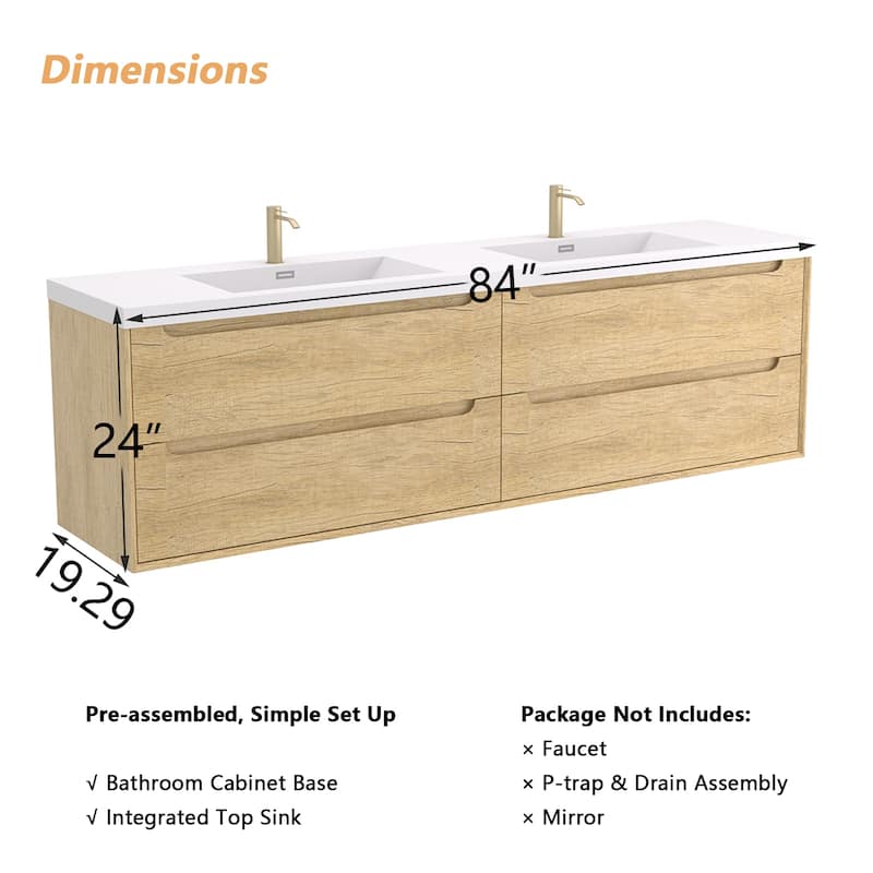 Prismis 60" 72" 84" Wall-Mount Premium Bathroom Vanity with Integrated Sink