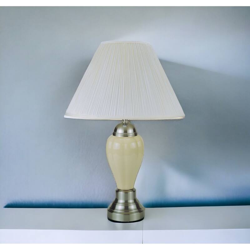 27" Transitional Ceramic Table Lamp with Empire Linen Shade and 3-Way Switch for Bedroom Decor - 27"H x 16"W x 16"D - Silver-Ivory-White