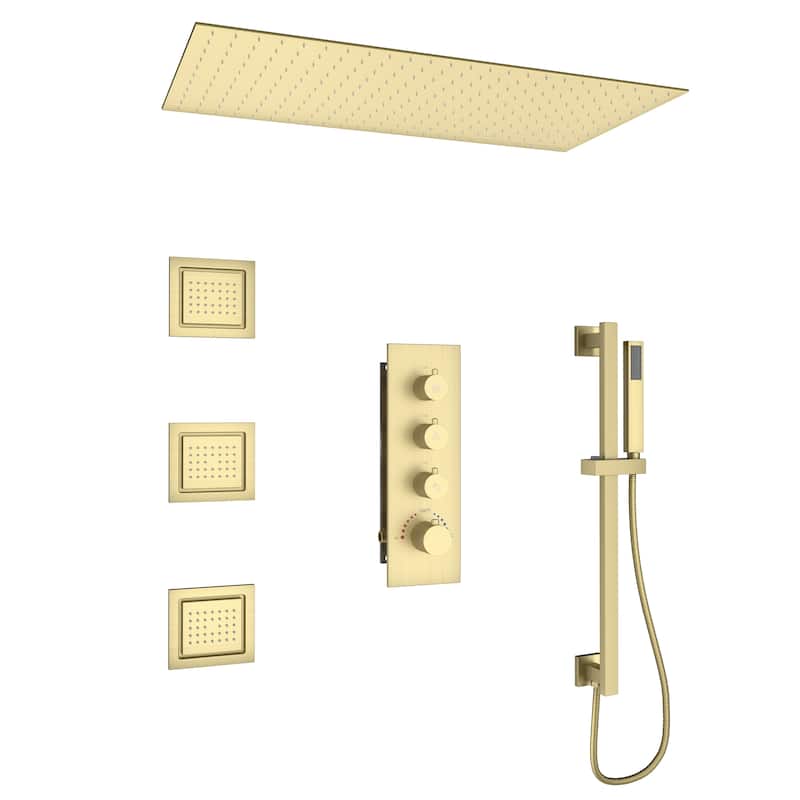 3-Spray 32 in. x 16 in. Ceiling Mount Fixed and Handheld Dual Shower Head 2.5 GPM with Adjustable Slide Bar and 3-Body Jets - Brushed Gold