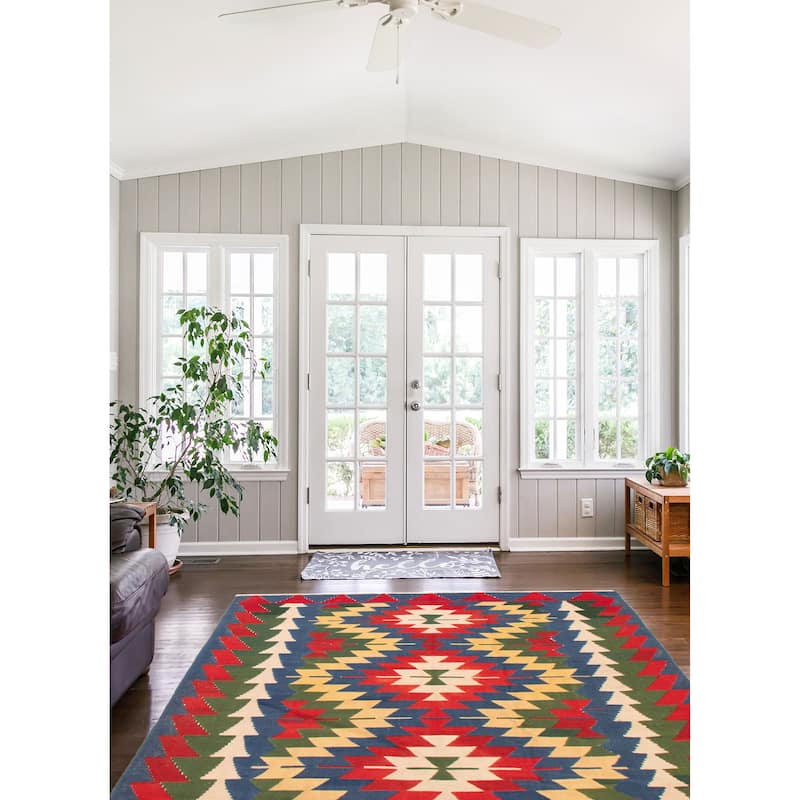 ECARPETGALLERY Flat-Weave Bold and Colorful Red Wool Kilim - 6'2 x 8'1