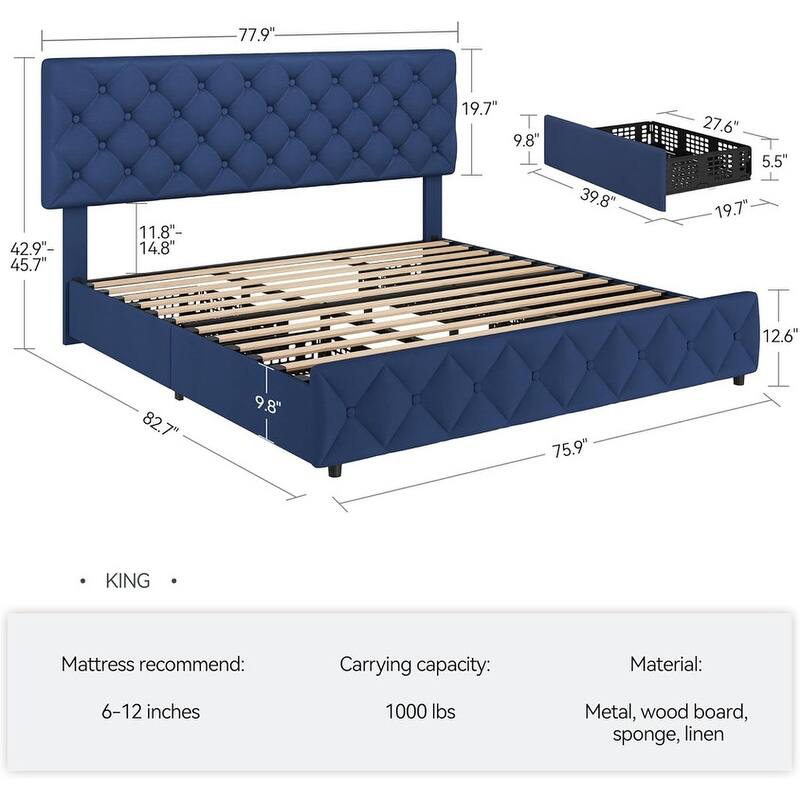Upholstered Bed with 4 Drawers and Adjustable Button-Tufted Linen Headboard