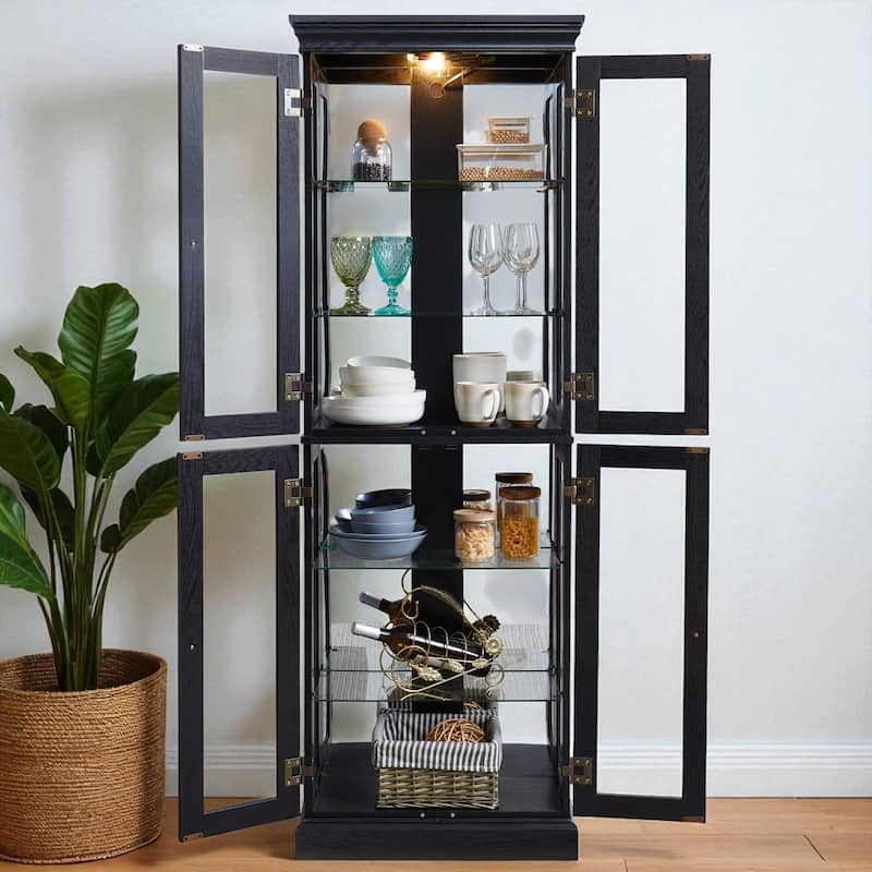 Elegant Lighted Glass Curio Display Cabinet with Wooden Frame, Adjustable Shelves and Six-Tier Storage for Wine, Toys