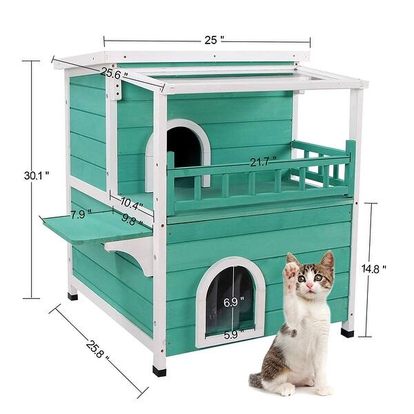 Shop Lovupet 2 Story Weatherproof Wooden Outdoor Indoor Luxurious Cat Shelter House Condo With Transparent Pvc Canopy Overstock 30728997 Green