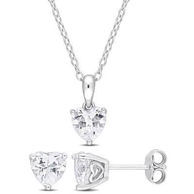 Miadora 2 3/4ct TGW Heart Created White Sapphire Set of Necklace and Earrings Sterling Silver