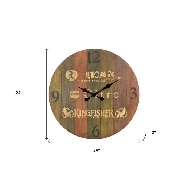 HomeRoots 24" Brown Solid Wood Silent Analog Round Wall Clock - 24' X '24' X '2