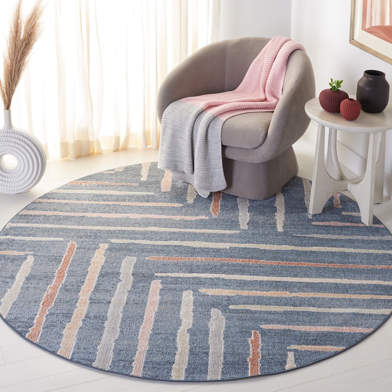 SAFAVIEH Blair Machine Washable Olimpiada Slip Resistant Rug - 6'7" Round - Blue/Multi