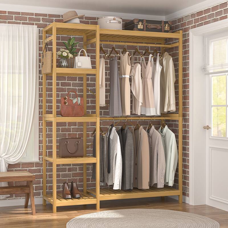 Bamboo Closet System Clothes Rack, Large Freestanding Garment Rack Clothing Rack for Hanging Clothes