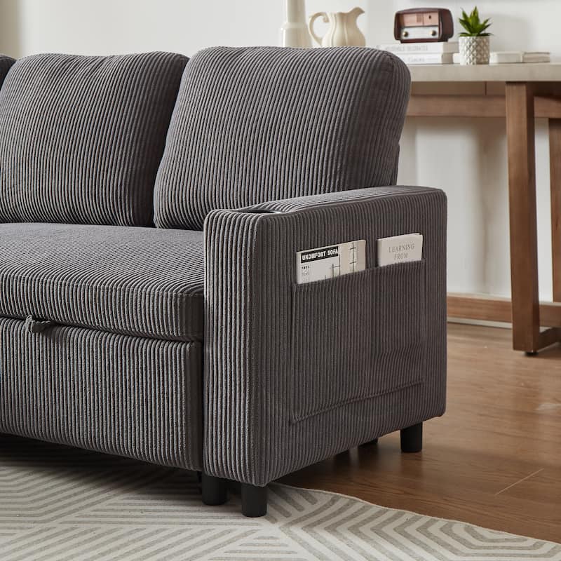 Modern Corduroy Reversible Sleeper Sofa Bed with Pullout Bed, L-Shaped Combo Sofa for Tight Spaces, Living Room, and Office