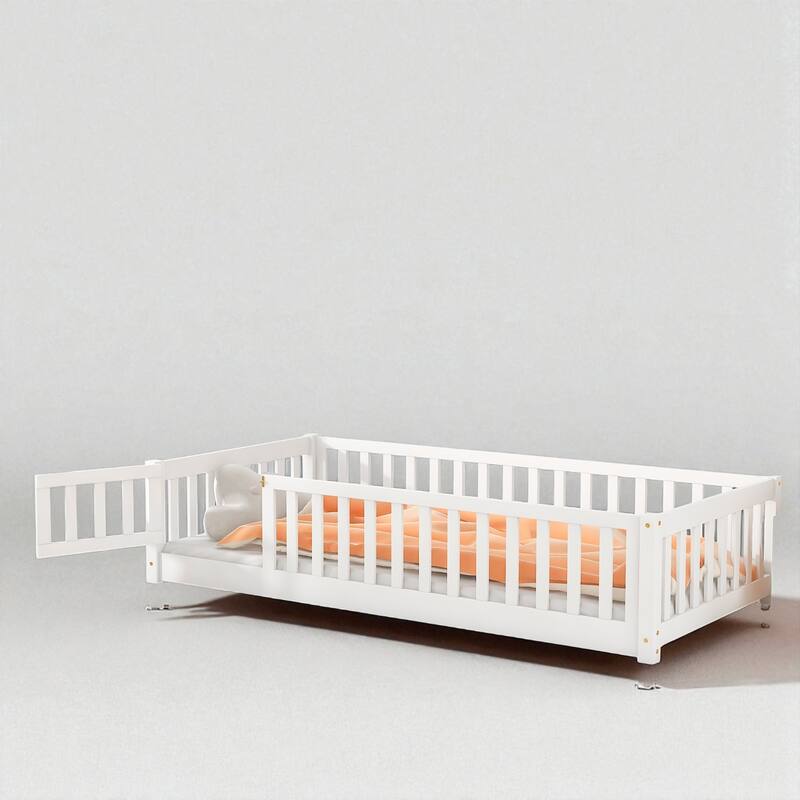 Twin Size Floor Bed with Fence and Door, Rubber Wood Frame with Safety Guardrails