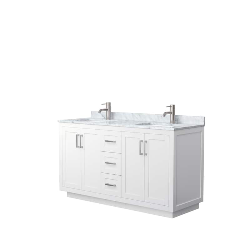Miranda Double Vanity Set, White Carrara Marble Top, No Mirror - 60-Inch Double - White, Nickel Trim, White Carrara Marble Top