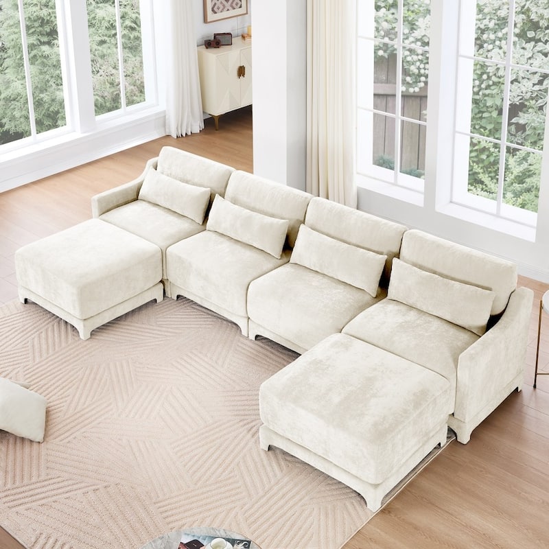 141.7" Oversized Chenille Four-seater Sectional Sofa with Ottoman and Lumbar Pillow for Living Room - Beige