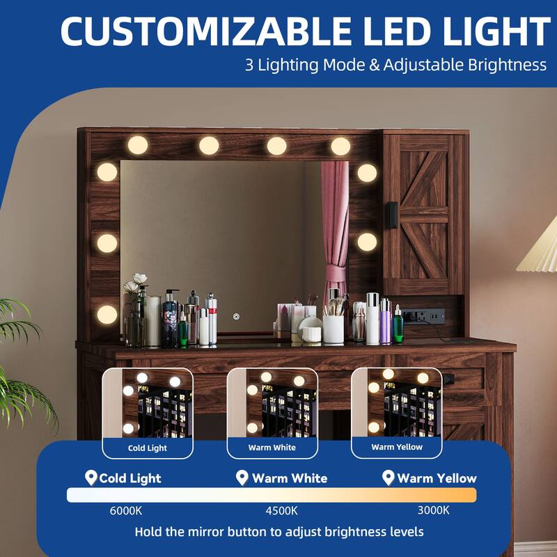 Moasis Farmhouse Makeup Vanity Desk Set with Mirror and Lights, Charging Station and Storage Stool