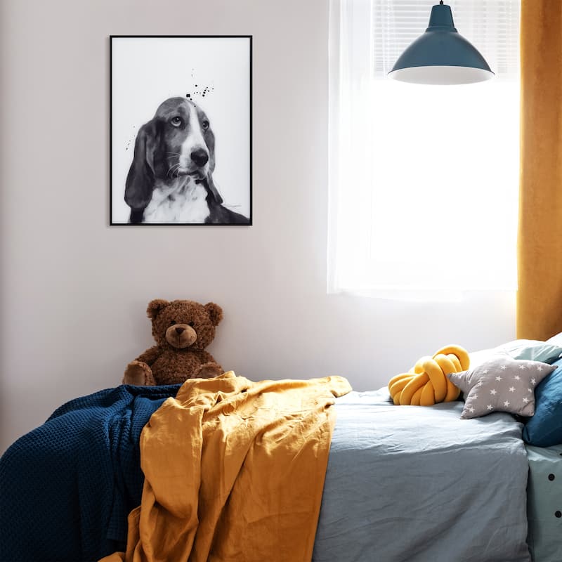 "Basset Hound" Black and White Pet Paintings on Printed Glass Encased with a Black Anodized Frame