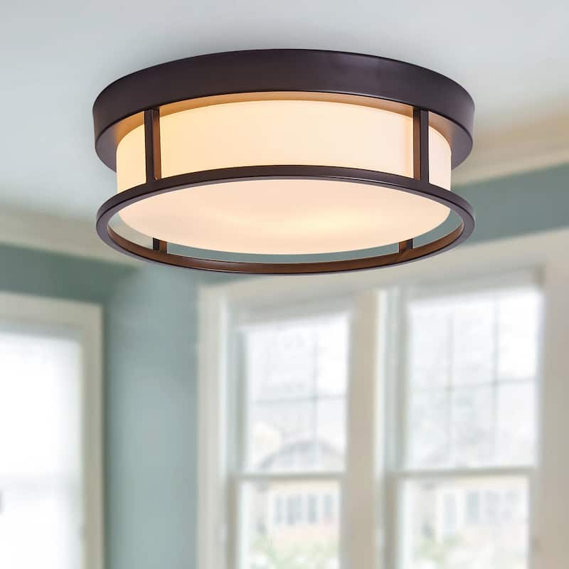 Farmhouse 2-Light Drum Shape Flush Mount Metal Frame Lighting Fixture - Black