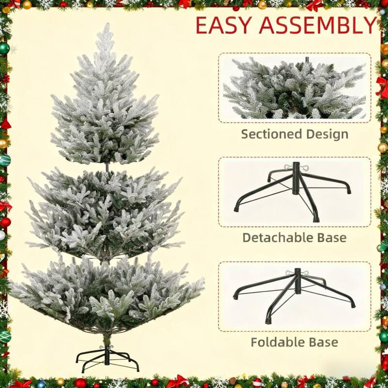 Flocked Hinged Xmas Tree, Artificial Christmas Tree with 795 Tips, Steel Base, Auto Open - Green