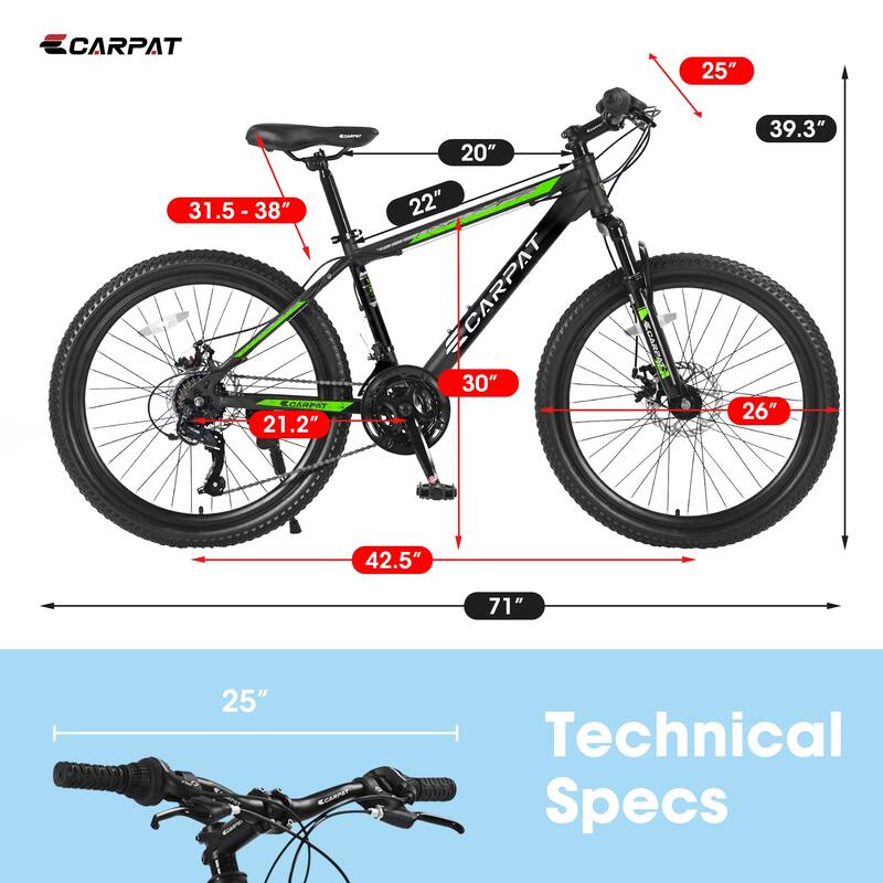 Unisex Mountain Bike - High-Carbon Steel Frame, Suspension, Mechanical Disc Brakes, Shimano Gears - 26