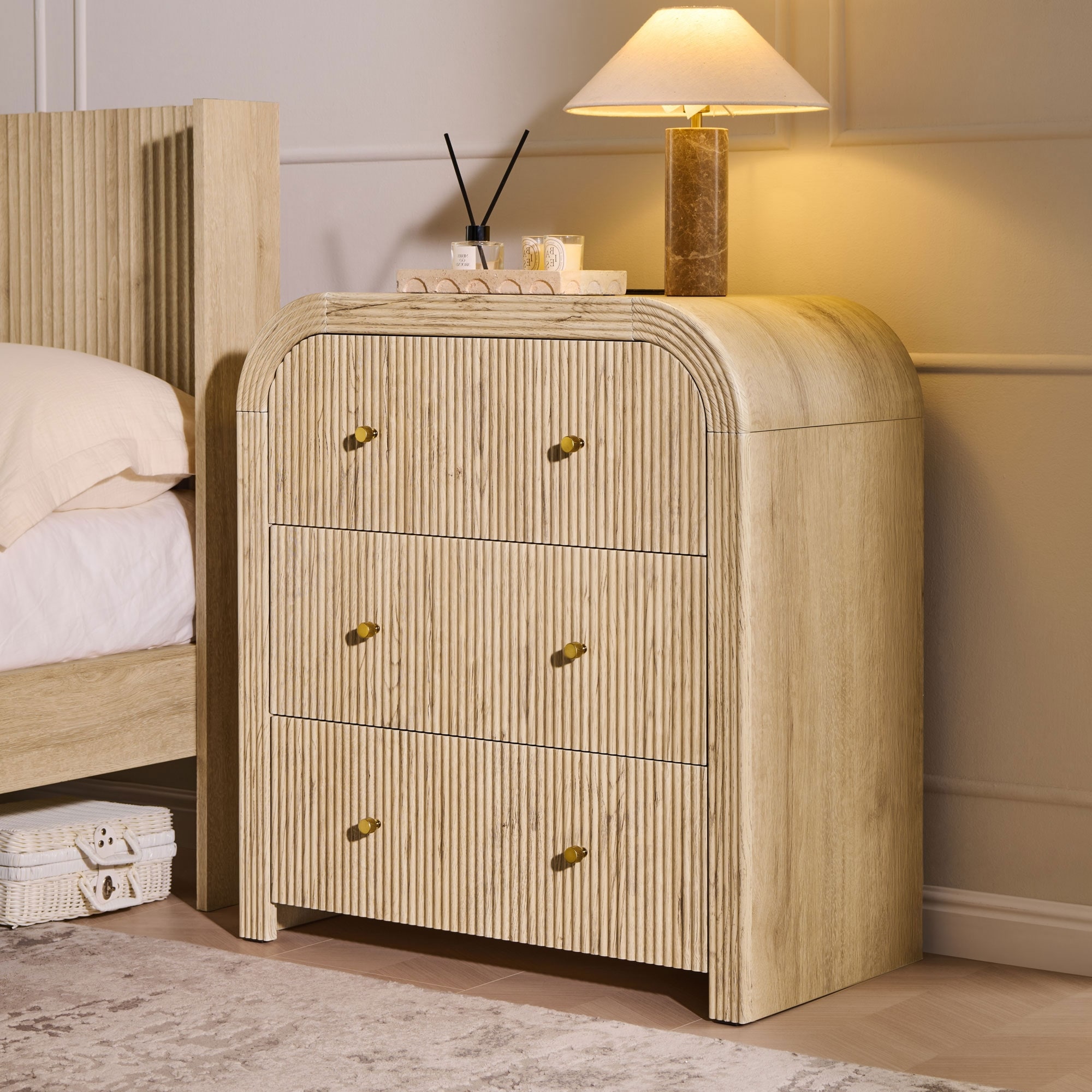 Modern Fluted Nightstand with Charging Station, Rounded Bedside Table