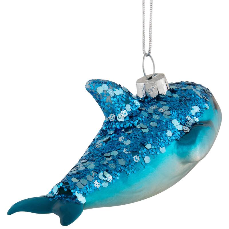 Dolphin Glittered Glass Christmas Hanging Ornament - 4.75" - Sea Blue and White