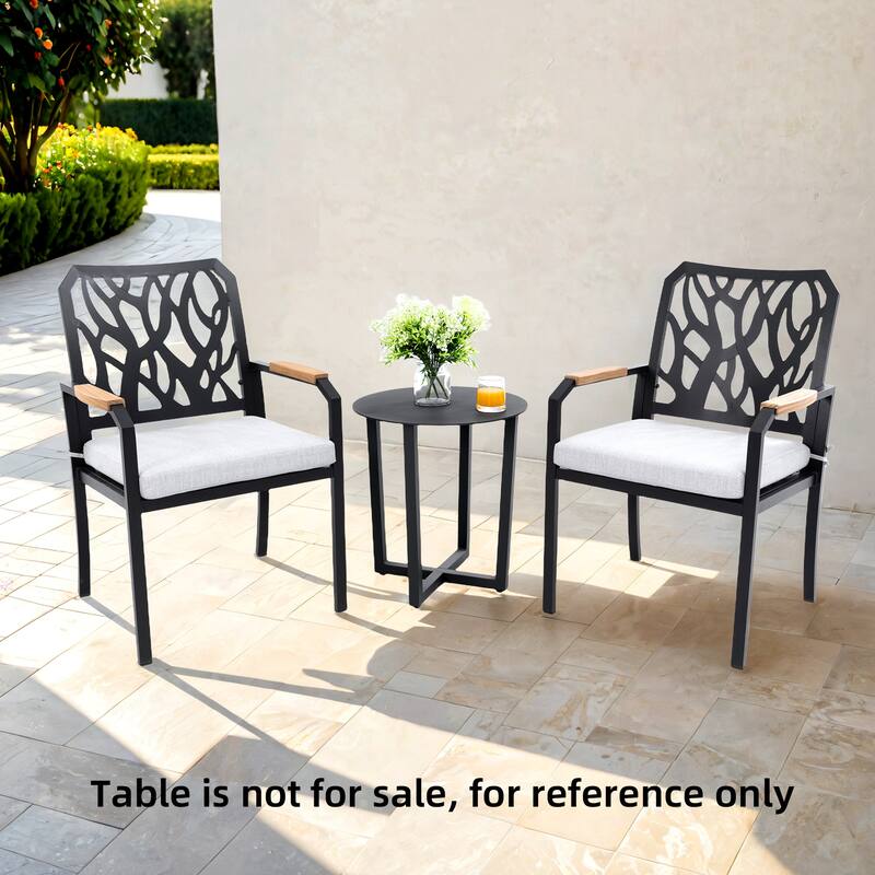 2-Piece Stationary Patio Dining Chairs - K/D Aluminum Frame, Branch Back, Wood Arms, Sunbrella Cushions, Bourbon Brown