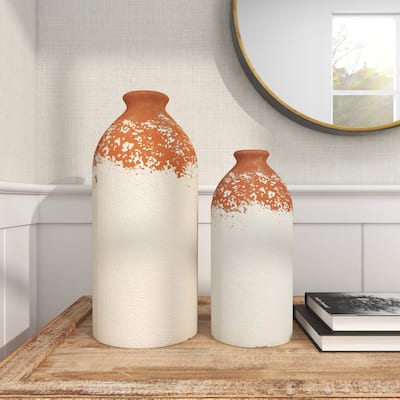 The Novogratz White Ceramic Vase with Terracotta Detailing (Set of 2) - 6 x 6 x 13