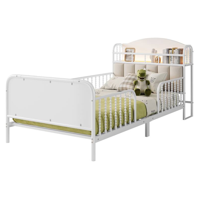 Kids Platform Bed Metal Frame with Linen Fabric Upholstered Storage Headboard Built-in Light Strip, Both Sides Rails