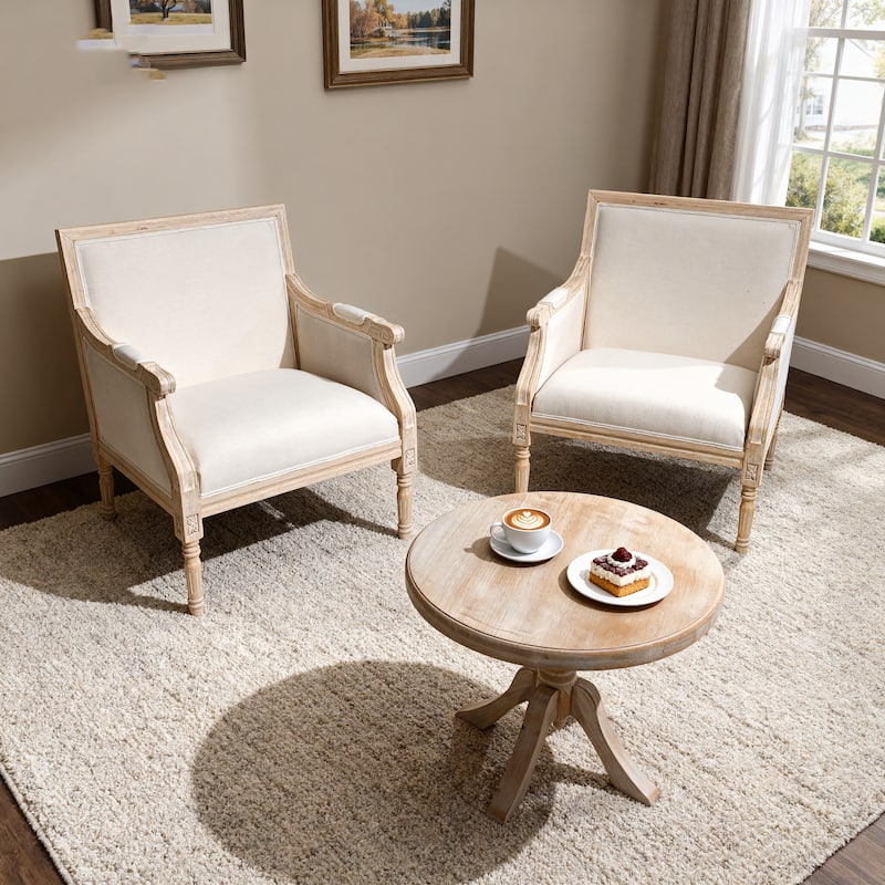 French Accent Chair Traditional Wood Frame Linen Upholstery Distressed Finish Home Decor, Singel